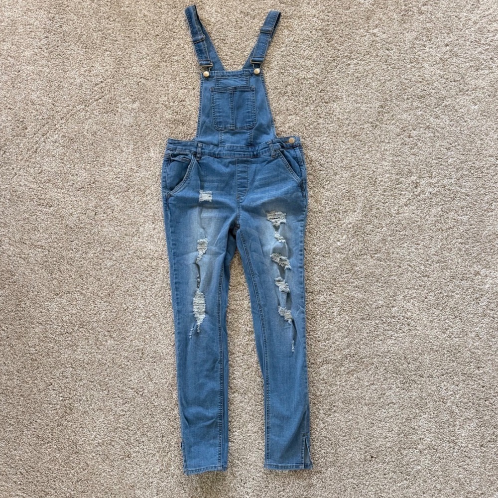 Dollhouse Distressed Denim Overalls Medium‎ Wash Blue Skinny Juniors 11